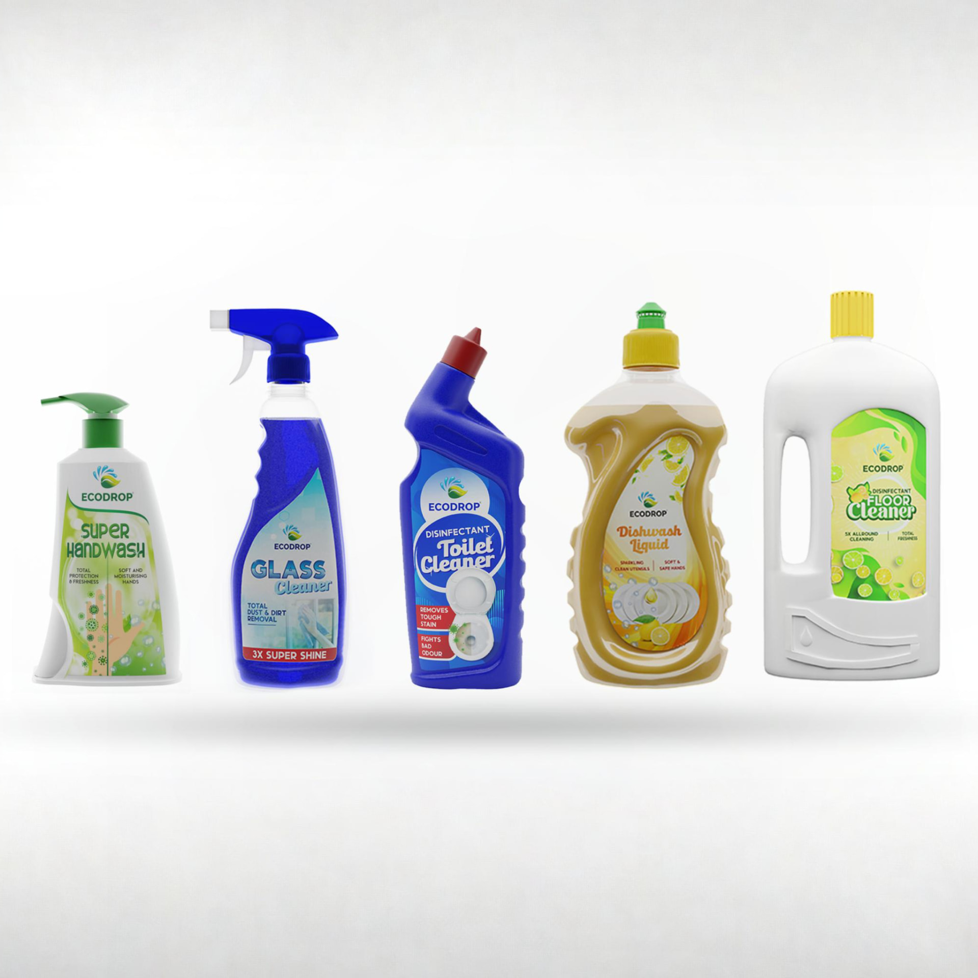 ECODROP Super Handwash, Glass Cleaner, Toilet Cleaner, Dishwash Liquid and Floor Cleaner bottles